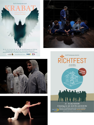 Collage mit Plakaten und Szenen der Produktionen "Karat" und "Richtfest"