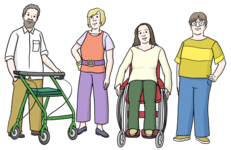 Vier Personen teils mit Rollator, Rollstuhl und Brille