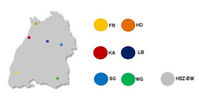 Beteiligte Hochschulen in Baden-Württemberg, deren jeweiliger geografischer Standort mit einem farbigen Punkt markiert ist