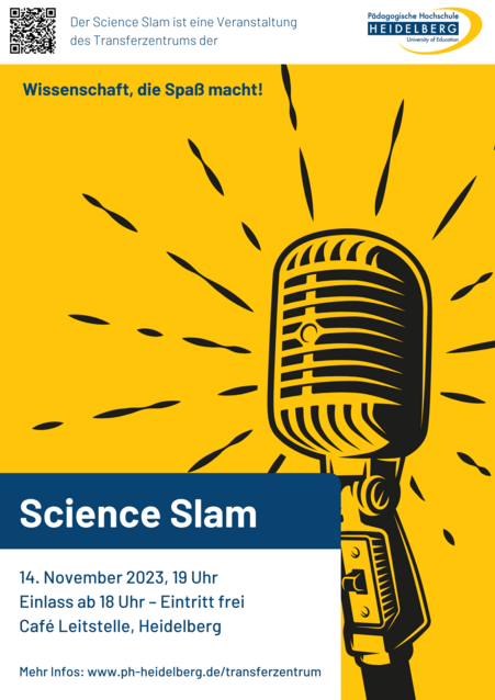 Dekoratives Poster. Zu sehen ist ein Mikrofon vor gelbem Grund und der Titel "Science Slam".