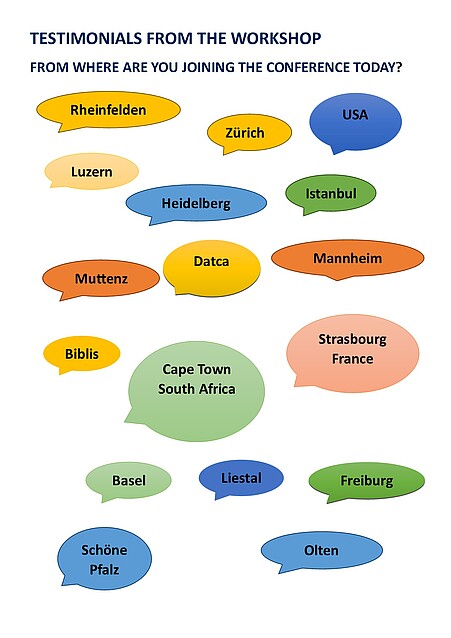 The different places from where the people take part in the workshop, such as USA, Turkey, Switzerland, South Africa and numerous places in Germany.