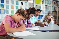 Schüler und Schülerinnen jeweils mit Stift in der Hand und über einem Heft gebeugt. Copyright Professional School