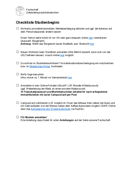 Checkliste Studienbeginn (PDF-Datei), zum Öffnen klicken