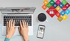 Das Bild zeigt Hände, die auf der Tastatur eines Laptops tippen. Daneben befinden sich ein Handy und eine Kaffeetasse. Oben rechts sind die SDG-Kacheln eingefügt.