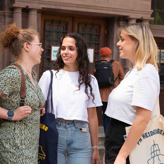 Drei Studentinnen unterhalten sich vor den Haupteingang des Altbaus der Pädagogischen Hochschule Heidelberg.