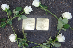 Auf dem Bild sieht man Stolpersteine um die weiße Rosen herum gelegt wurden.