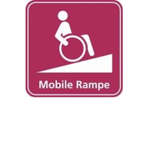 Piktogramm zur Barrierefreiheit in Bezug auf Mobile Rampe  Es ist eine mobile Rampe vorhanden, mit der ein bis zwei Stufen mit dem Rollstuhl oder einem Kinderwagen überwunden werden können.