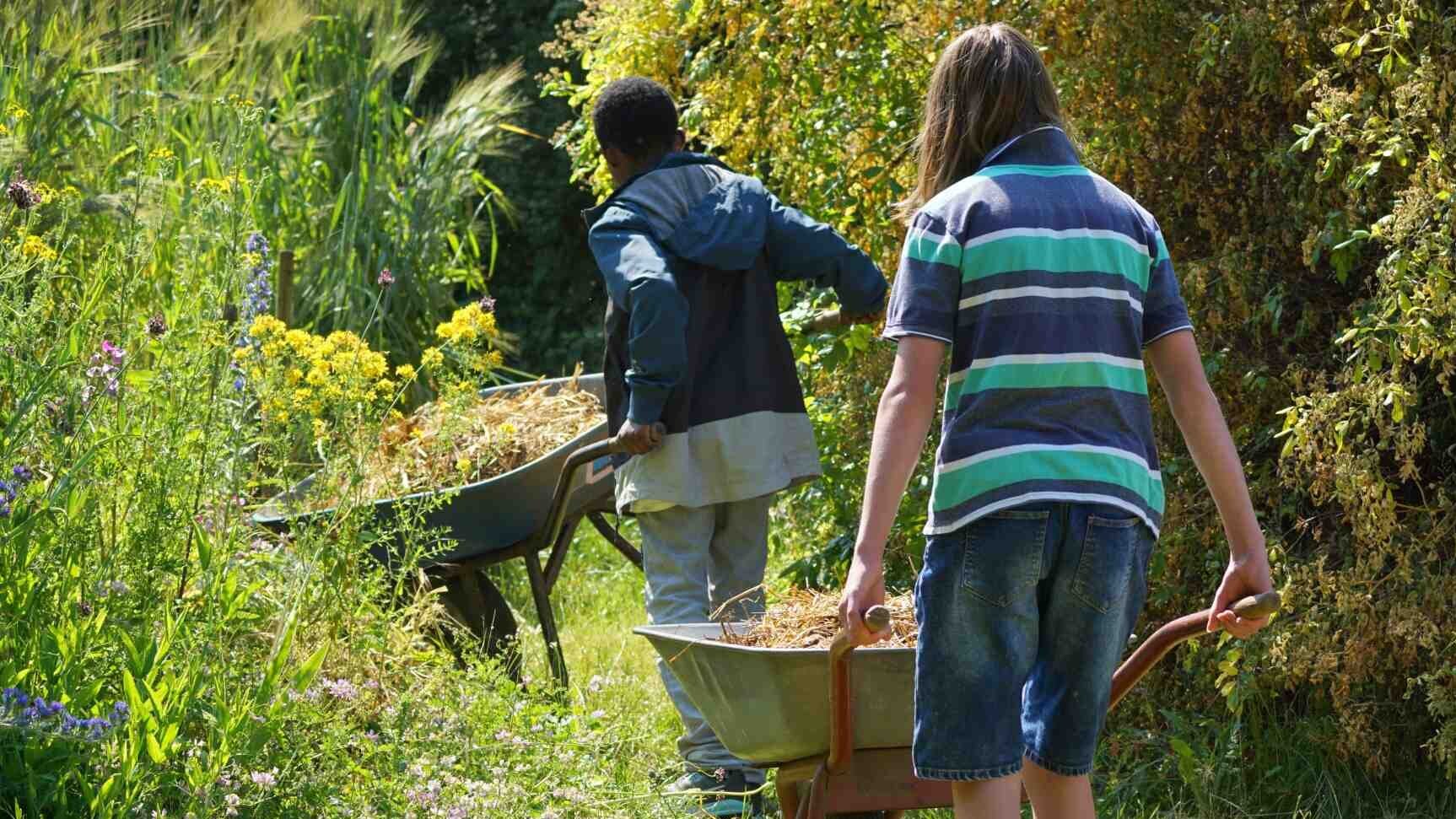 Schüler:innen mit Schubkarren im Biologiestudium