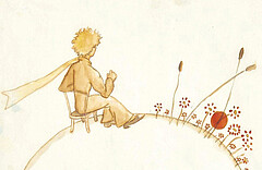 Die Zeichnung zeigt den kleinen Prinzen von Antoine de Saint-Exupéry. Er sitzt auf einem Stuhl und schaut vom Betrachter weg.