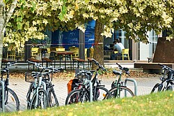 mehrere Fahrradständer mit Fahrrädern vor dem Neubau der PH. 