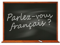  "Parlez- Vous francais?" auf eine Tafel geschrieben.