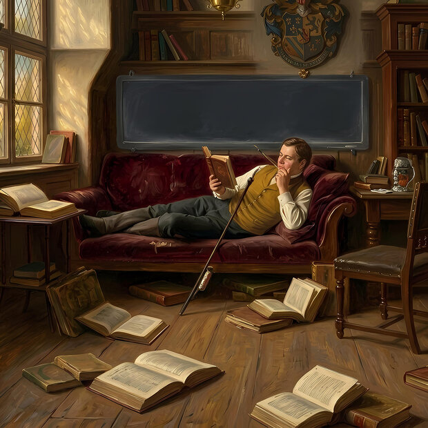 Im Stil eines Ölgemäldes zeigt das Bild einen jungen Mann beim Lesen auf einem historisch anmutenden Sofa. Auf dem Boden aufgeschlagene Bücher, hinter ihm ein Smartboard.