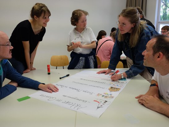 Das Bild zeigt Teammitglieder des AW-ZIB während der Lerneinheit zum Thema Quartiersentwicklung. Auf einem Tisch liegt ein großes Papier, auf dem "Aktuere im Quartier" steht. 