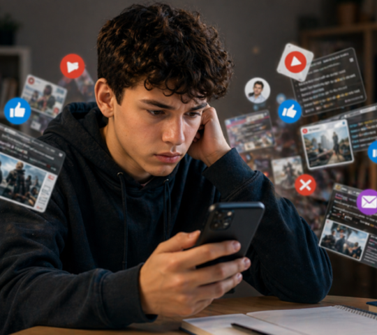 Das Foto zeigt einen Schüler, der auf dem Handy soziale Medien konsumiert.