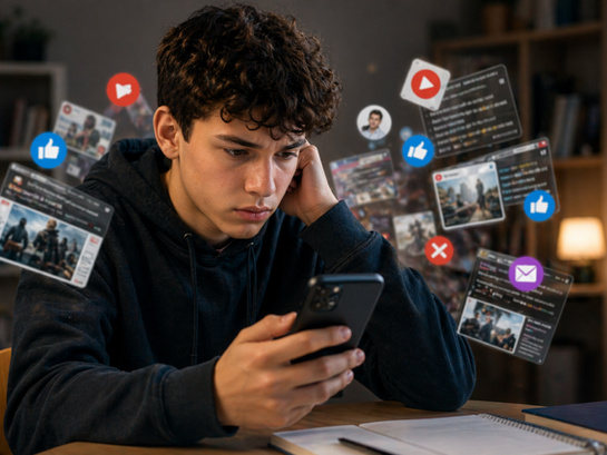 Das Foto zeigt einen Schüler, der auf dem Handy soziale Medien konsumiert.
