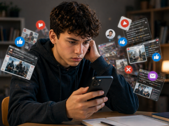 Das Foto zeigt einen Schüler, der auf dem Handy soziale Medien konsumiert.