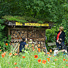 Das Bild wurde im Ökogarten aufgenommen. Man sieht ein Wildbienen-Hotel. Davor sitzt links eine junge Frau; man sieht sieh von hinten. Rechts im Bild stehen zwei Frau; neben ihnen sitzt ein Mann im Rollstuhl. Man sieht zudem im Hintergrund viele grüne Bäume. Im Vordergrund ist eine wilde, hochgewachsene Blumenwiese zu sehen. 