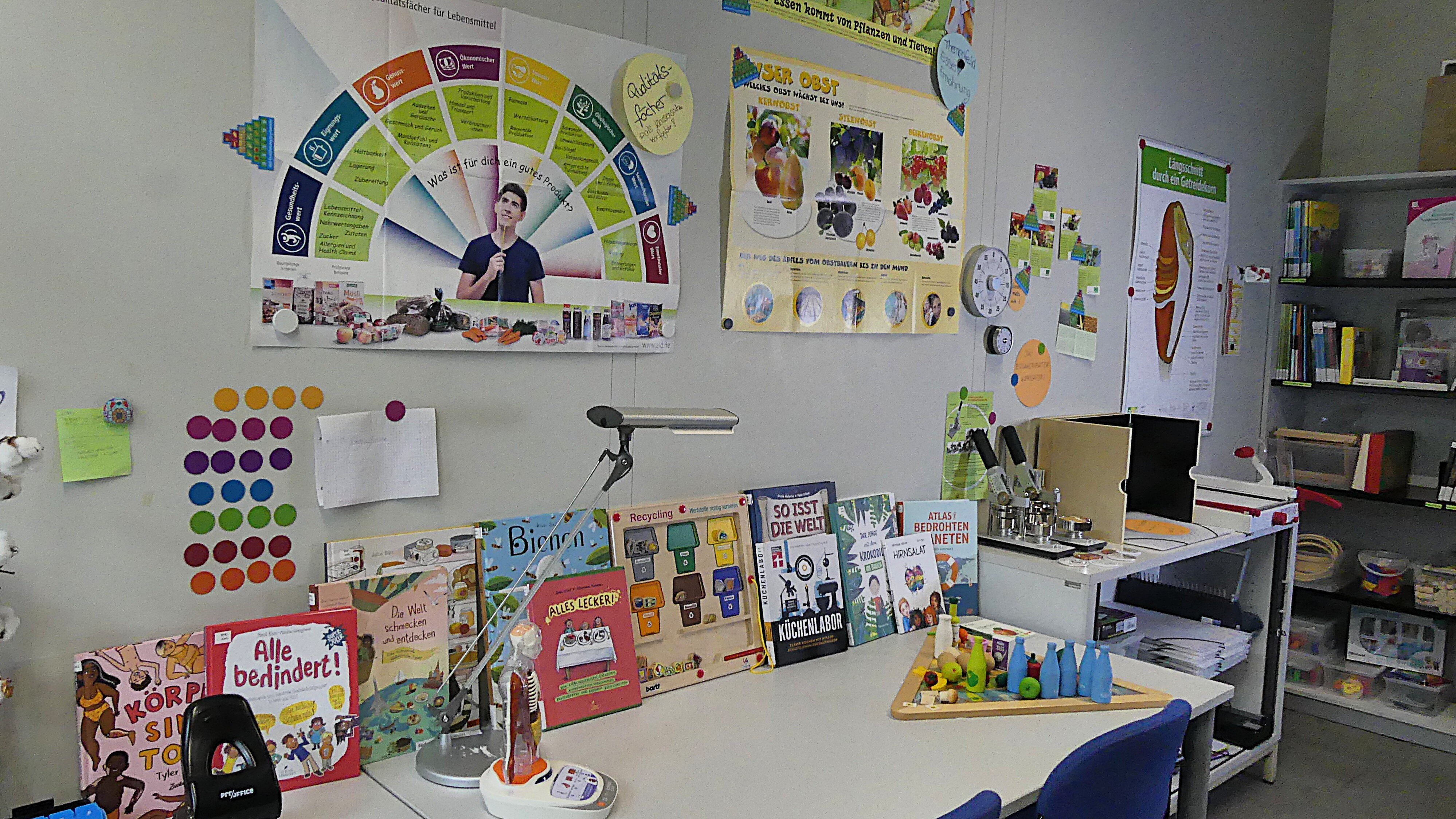 Zu sehen ist ein Bereich der Didaktischen Werkstatt der Alltagskultur und Gesundheit: viele Kinderbücher stehen auf einem Schreibtisch, Poster hängen an der Wand, 