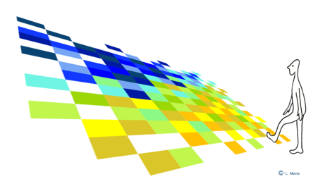 Logo: Feld mit gelben, blauen und grünen, rechteckigen Feldern, deren Farben verlaufsmäßig dargestellt sind. Das Feld ist dreidimensional und wölbt sich von rechts unten nach links oben etwas in die Höhe. Rechts unten geht eine menschliche Figur, mit schwarzen Linien gezeichnet, in das Feld hinein.