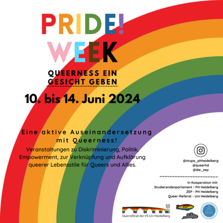 Grafik mit Regenbogen im Hintergrund. Auf dem Bild steht in bunter Schrift: "Pride Week" Queerness ein Gesicht geben. 10. bis 14. Juni 2024