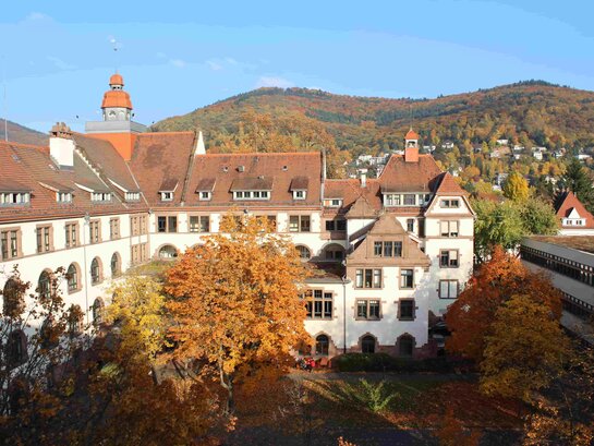 Das Foto zeigt eine Luftaufnahme des Altbaus der PH Heidelberg im Herbst.