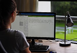 Das Bild zeigt ene Frau sitzend am Tisch vor einem Computer.