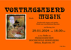 Auf einem orangefarbenen Flyer ist ein Gemälde von einem Klaviersaal abgebildet. Danaben stehen die wichtigsten Informationen zum Vortragsabend der Musik-Studierenden.