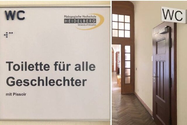 Bild der Beschilderung einer Toilette für alle Geschlechter, Ansicht der Toilette vom Altbauflur aus