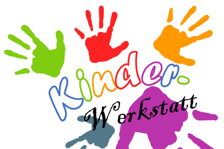 Die Grafik zeigt das Logo der Kinderwerkstatt in der Lernwerkstatt Inklusion. Zu sehen sind bunte Handabdrücke und ein bunter Schriftzug