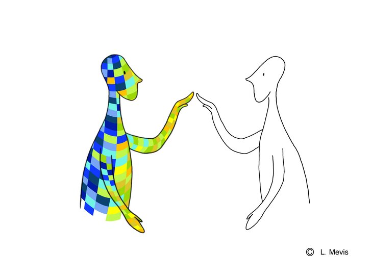 Das Logo zeigt zwei skizzierte Figuren die eine innen bunt gemustert, die andere weiß. Beide bewegen je eine Hand aufeinander zu.