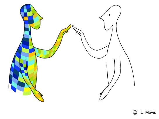 Tagungslogo: Das Logo zeigt zwei Figuren, die je eine Hand aufeinander zu bewegen. Die rechte Figur ist in blau-gelb kariert - gemäß den Farben der PH Heidelberg. Die linke Figur ist weiß. 