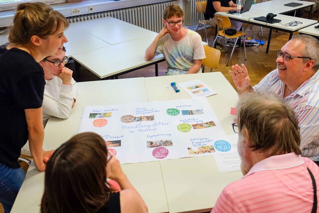 Das Bild zeigt eine Gruppe von Menschen, die miteinander sprechen. Sie sitzen oder stehen um einen Tisch herum. Auf dem Tisch liegt ein FlipChart-Papier, das bunt gestaltet ist. Darauf ist unter anderem zu lesen: Handlungsfelder im Quartier.