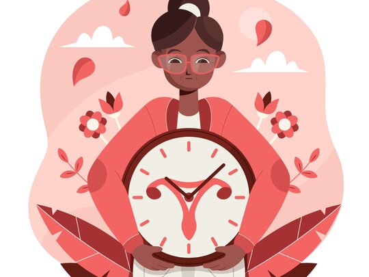 Die Zeichnung einer Frau, die eine Uhr vor sich hat, auf der ein Uterus abgebildet ist
