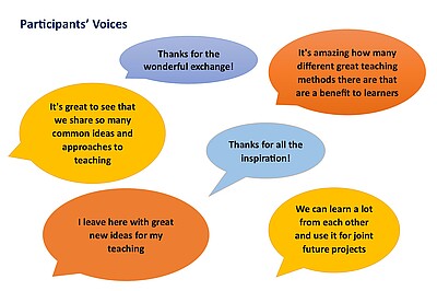 The voices of the participants: Thanks for the wonderful conference. Thanks for all the inspiration. It's amazing how many different great teaching methods there are that are a benefit to learners. I leave here with great new ideas for my teaching. It's great to see that we share so many common ideas and approaches to teaching. We can learn a lot from each other and use it for joint future projects.