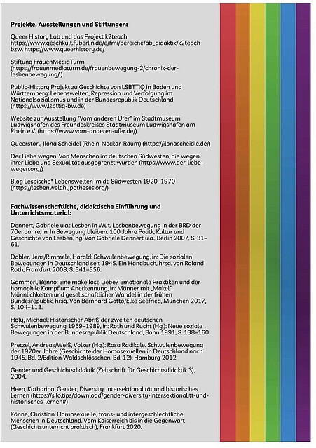 Auflistung von Unterrichtsmaterial, Projekten, Ausstellungen und Stiftungen