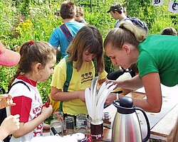 Das Bild zeigt im Ökogarten Kinder, die etwas von einer Frau erklärt bekommen. Copyright Pädagogische Hochschule Heidelberg