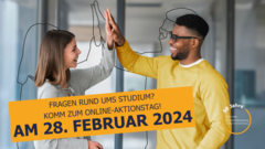Das Bild zeigt im Hintergrund eine Frau und einen Mann, die sich ein "High five" geben. Im Vordergrund ist ein Werbebanner mit Informationen zum Online-Aktionstag.