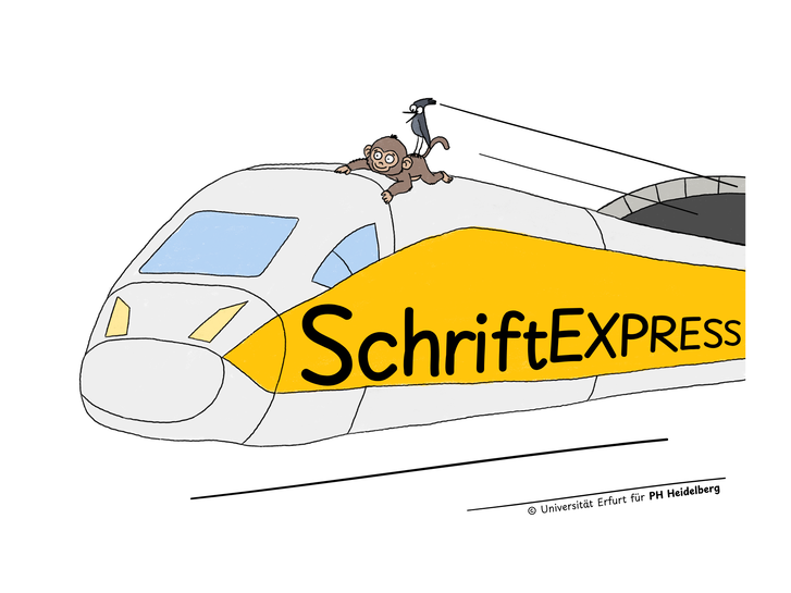 Das Bild zeigt das Logo des Heidelberger Schriftexpress: Ein Schnellzug