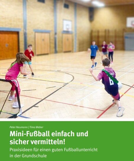 Das Buchcover der Publikation zum Mini-Fußball zeigt Kinder, die in einer Halle Fußball spielen. 