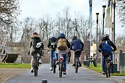 mehrere Schüler:innen von hinten auf Fahrrädern.