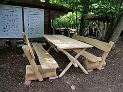 Neue Lernmöbel aus Robinie- fest verankert im Ökogarten,