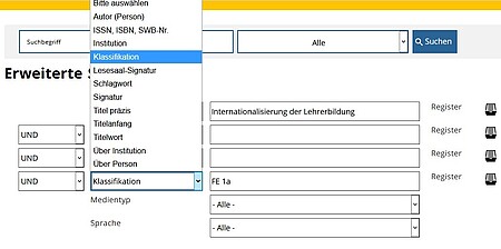 Screenshot der Bibliothekswebsite zur erweiterten Suche