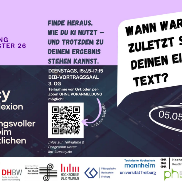 Flyer der Ringvorlesung LLM Literacy - Kritische Reflexion und verantwortungsvoller KI-Einsatz beim wissenschaftlichen Arbeiten