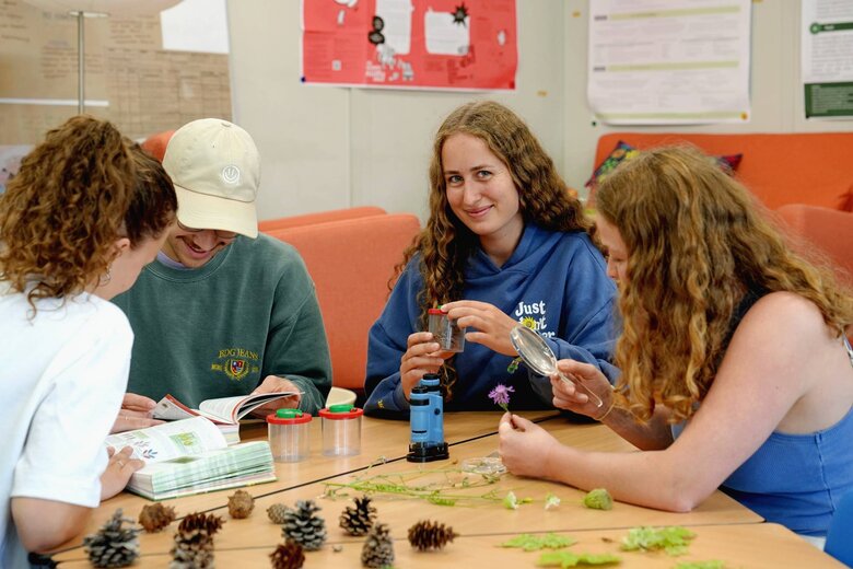 Zu sehen sind vier Studierende die an einem Tisch gemeinsam arbeiten. 