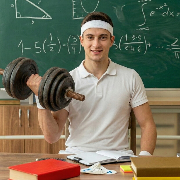 Das Bild zeigt einen fitten jungen Lehrer mit Hantel in der Hand vor einer Tafel am Lehrerpult.