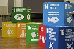 Das Bild zeigt mehrere bunte, große Würfel zum Thema Nachhaltigkeit. Beispielsweise steht auf dem blauen Würfel: "Leben unter Wasser". Copyright Fiona Rochholz