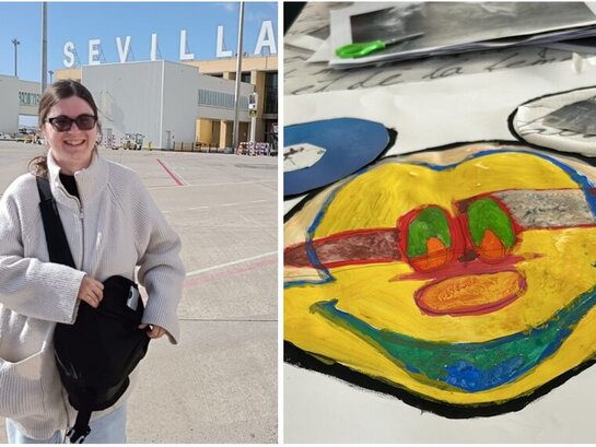 Das Bild ist eine Collage. Links ist Frau Neff auf dem Flughafen von Sevilla, rechts ein Bild einer Mickey Maus, das Frau Neff im Rahmen der Studienreise gestaltet hat.