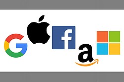 Das Symbolbild zeigt die Icons von Google, Apple, Facebook, amazon und Windows. verschiedene App Logos