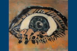 Das Foto zeigt ein Bild der Kunstausstellung bei dem eine Hand aus einem gemalten Auge eraus kommt.