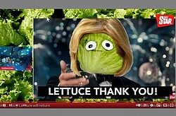 Salat als Kopf mit den blonden Haaren der Premierministerin Liz Truss. der Text "Lettuce thank you!"
